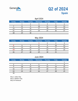 Spain Quarter 2  2024 calendar template