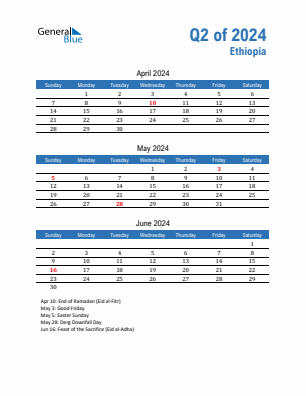 Ethiopia Quarter 2  2024 calendar template