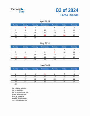 Faroe Islands Quarter 2  2024 calendar template