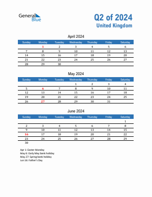 United Kingdom Quarter 2  2024 calendar template