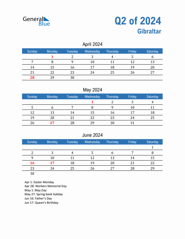 Gibraltar 2024 Quarterly Calendar with Sunday Start