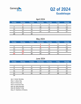 Guadeloupe Quarter 2  2024 calendar template