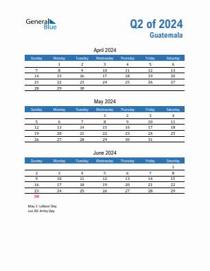 Guatemala Quarter 2  2024 calendar template