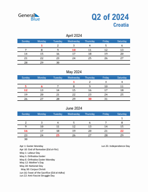 Croatia Quarter 2  2024 calendar template