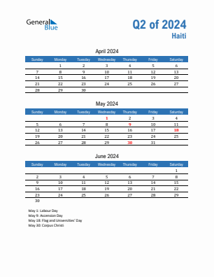 Haiti Quarter 2  2024 calendar template