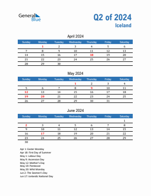 Iceland Quarter 2  2024 calendar template
