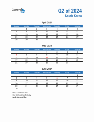 South Korea Quarter 2  2024 calendar template