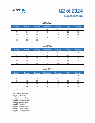 Liechtenstein Quarter 2  2024 calendar template
