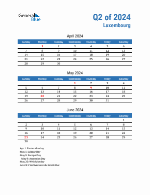 Luxembourg Quarter 2  2024 calendar template