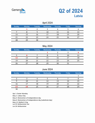 Latvia Quarter 2  2024 calendar template