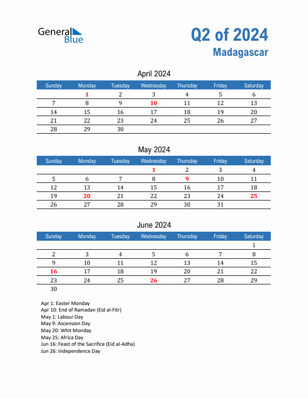 Madagascar 2024 Quarterly Calendar with Sunday Start