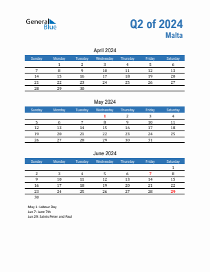 Malta Quarter 2  2024 calendar template