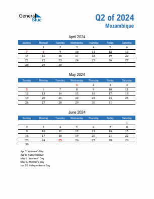 Mozambique Quarter 2  2024 calendar template