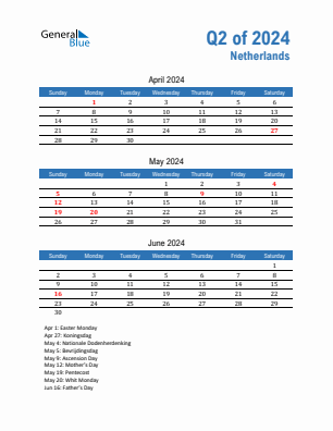 The Netherlands Quarter 2  2024 calendar template