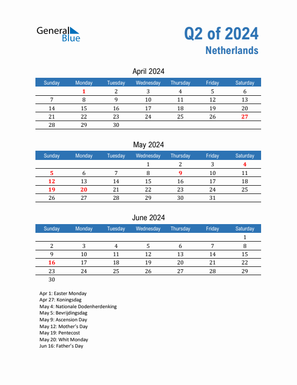 The Netherlands 2024 Quarterly Calendar with Sunday Start