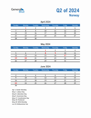 Norway Quarter 2  2024 calendar template