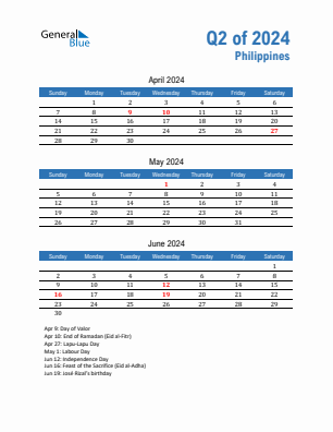 Philippines Quarter 2  2024 calendar template