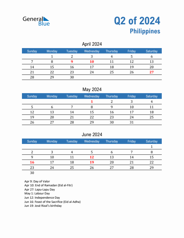 Q2 2024 Quarterly Calendar with Philippines Holidays (PDF, Excel, Word)