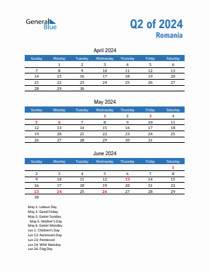 Romania Quarter 2  2024 calendar template