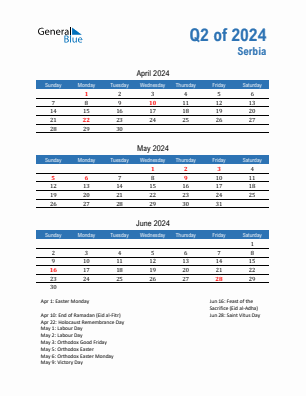 Serbia Quarter 2  2024 calendar template