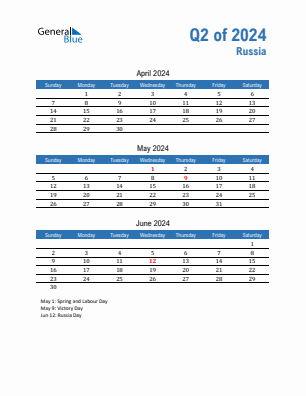Russia Quarter 2  2024 calendar template