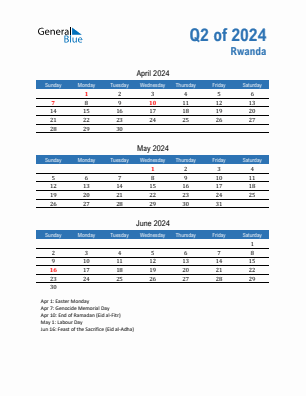Rwanda Quarter 2  2024 calendar template