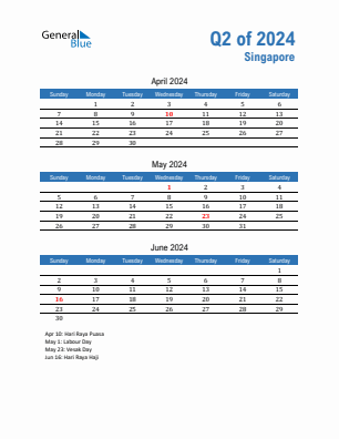 Singapore Quarter 2  2024 calendar template