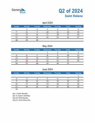 Saint Helena Quarter 2  2024 calendar template