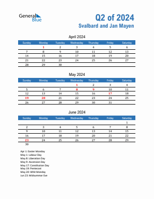 Svalbard and Jan Mayen Quarter 2  2024 calendar template