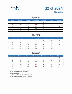 Somalia Quarter 2  2024 calendar template