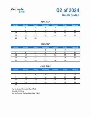 South Sudan Quarter 2  2024 calendar template