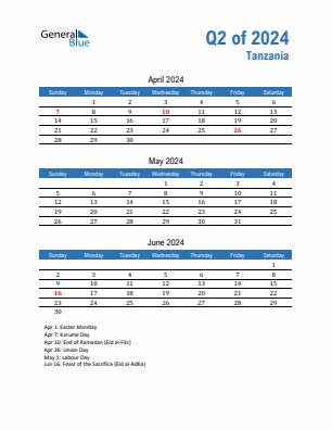 Tanzania Quarter 2  2024 calendar template
