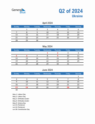 Ukraine Quarter 2  2024 calendar template