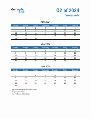 Venezuela Quarter 2  2024 calendar template