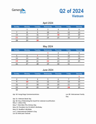 Vietnam Quarter 2  2024 calendar template