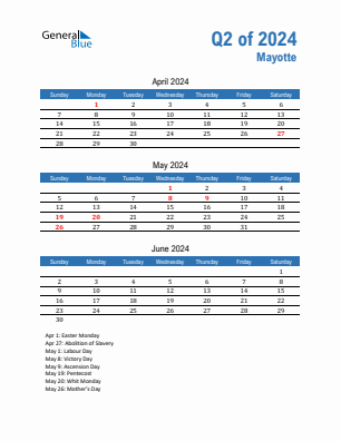 Mayotte Quarter 2  2024 calendar template