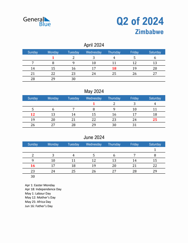 Zimbabwe 2024 Quarterly Calendar with Sunday Start