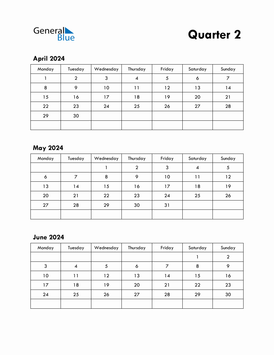 Quarter 2 2024 Calendar with Monday Start