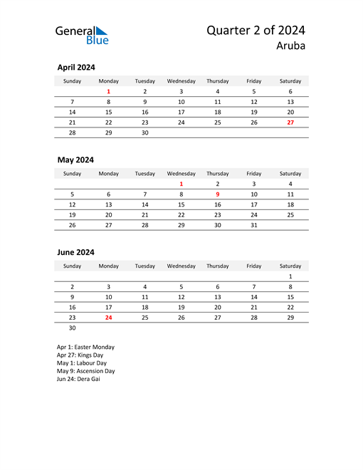  2024 Three-Month Calendar for Aruba
