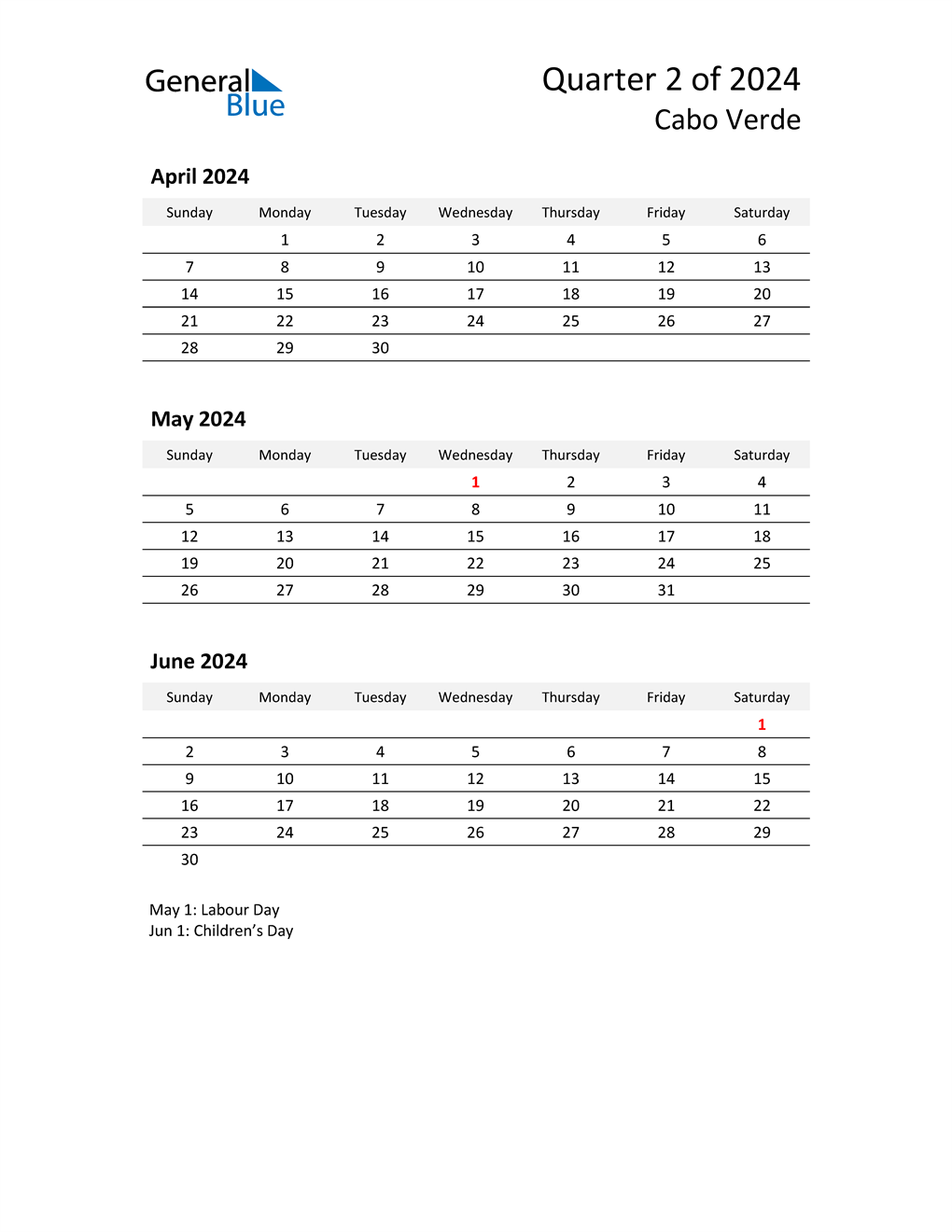  2024 Three-Month Calendar for Cabo Verde