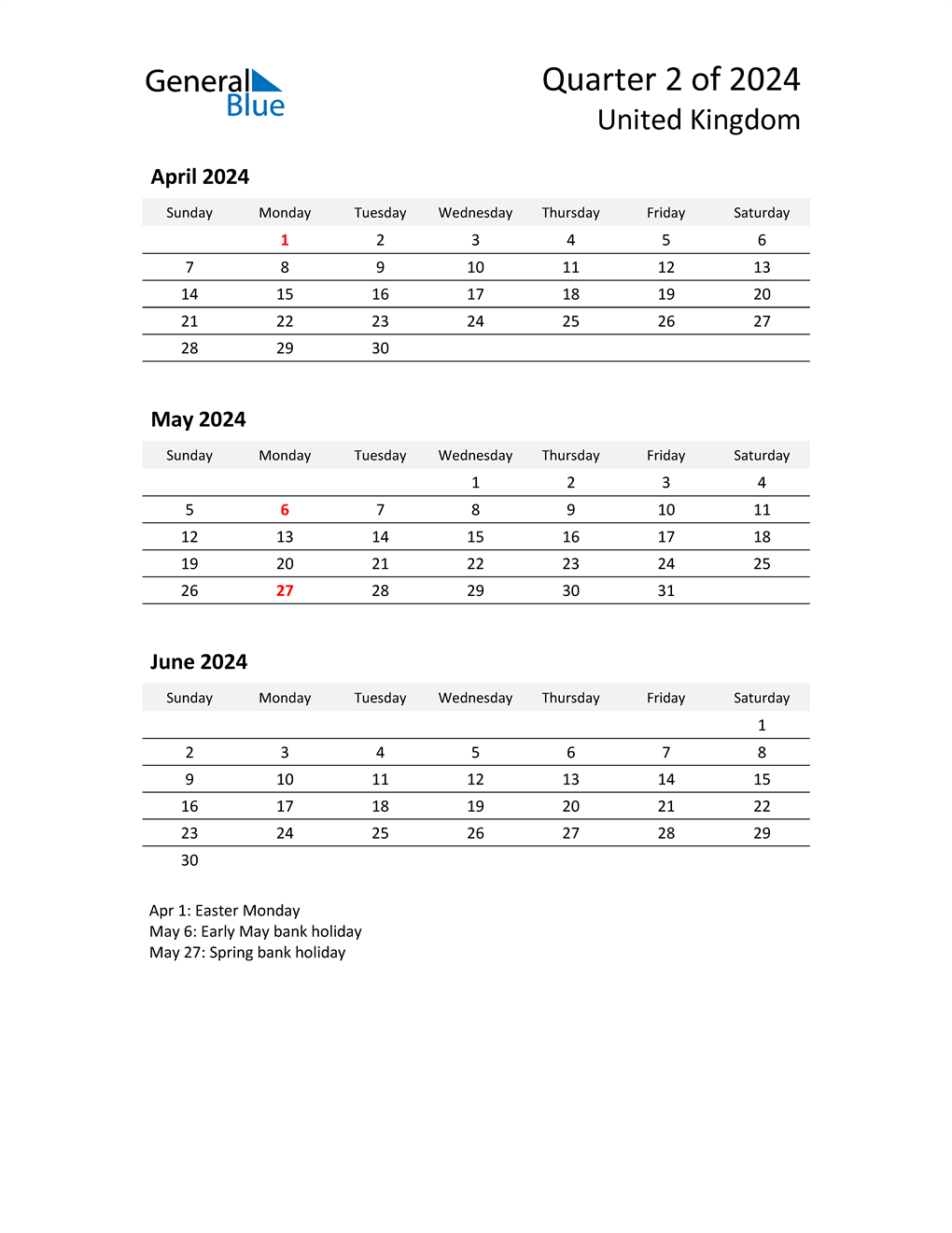 Q2 2024 Quarterly Calendar with United Kingdom Holidays