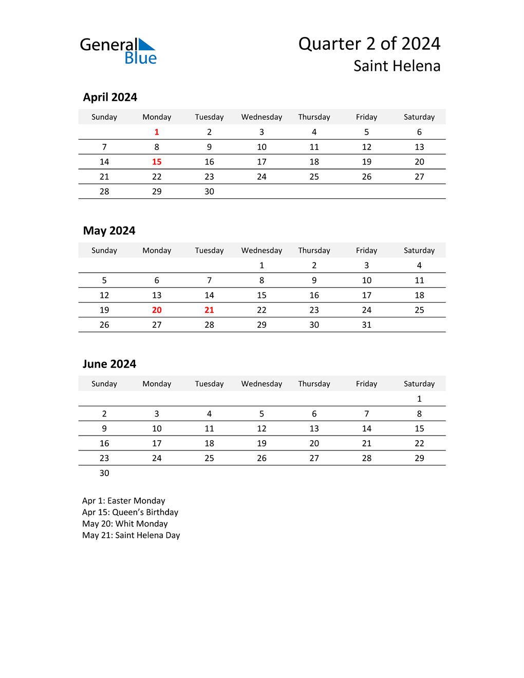  2024 Three-Month Calendar for Saint Helena