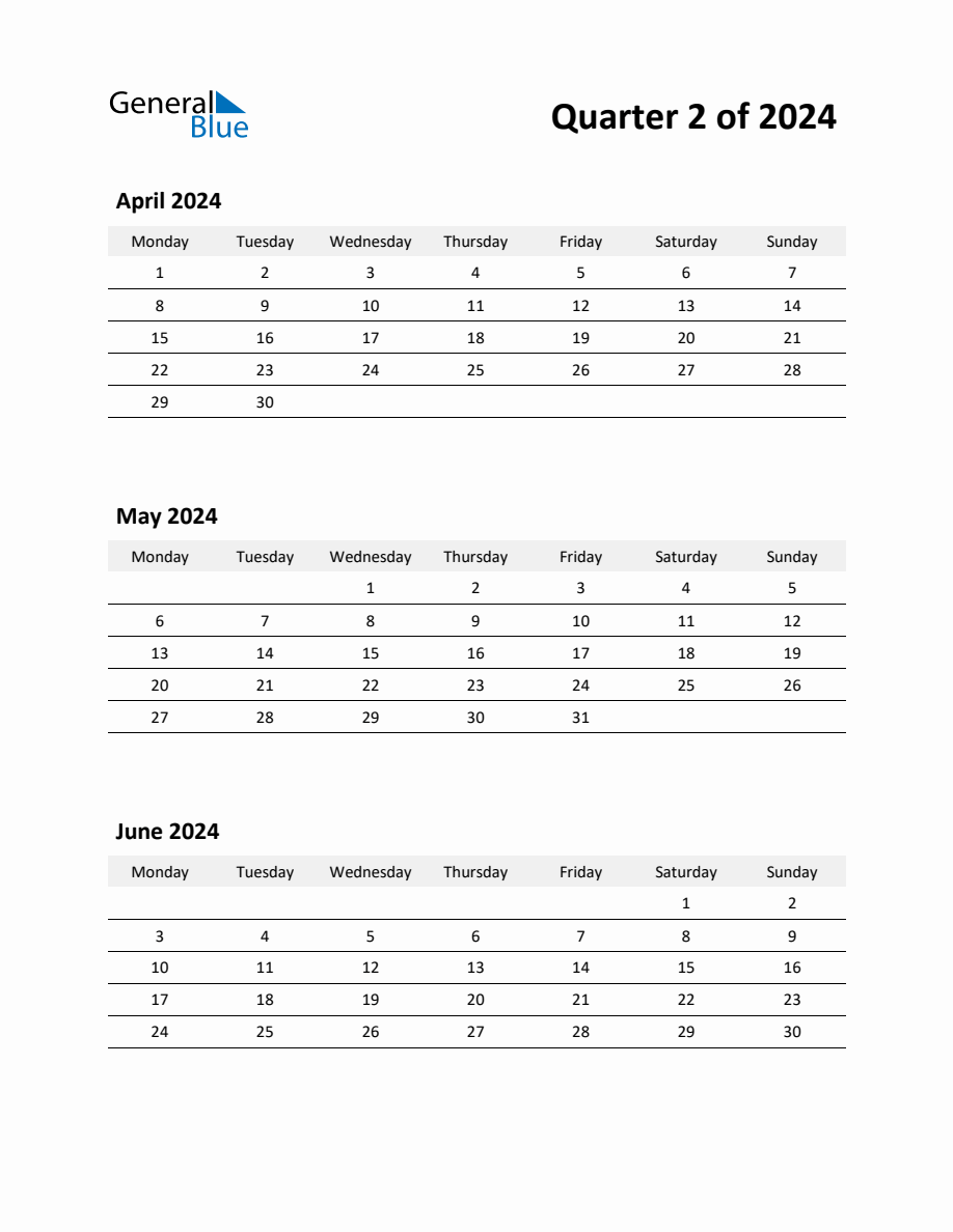 2024 Q2 ThreeMonth Calendar (April, May, and June)