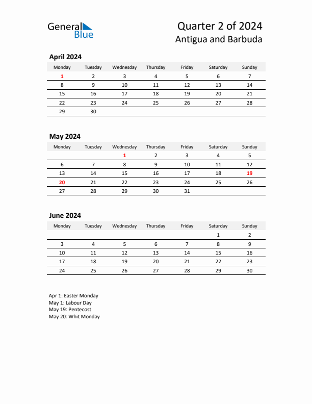 2024 Three-Month Calendar for Antigua and Barbuda