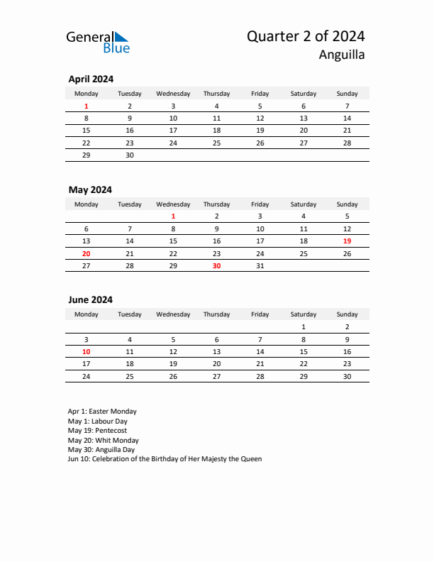 2024 Three-Month Calendar for Anguilla