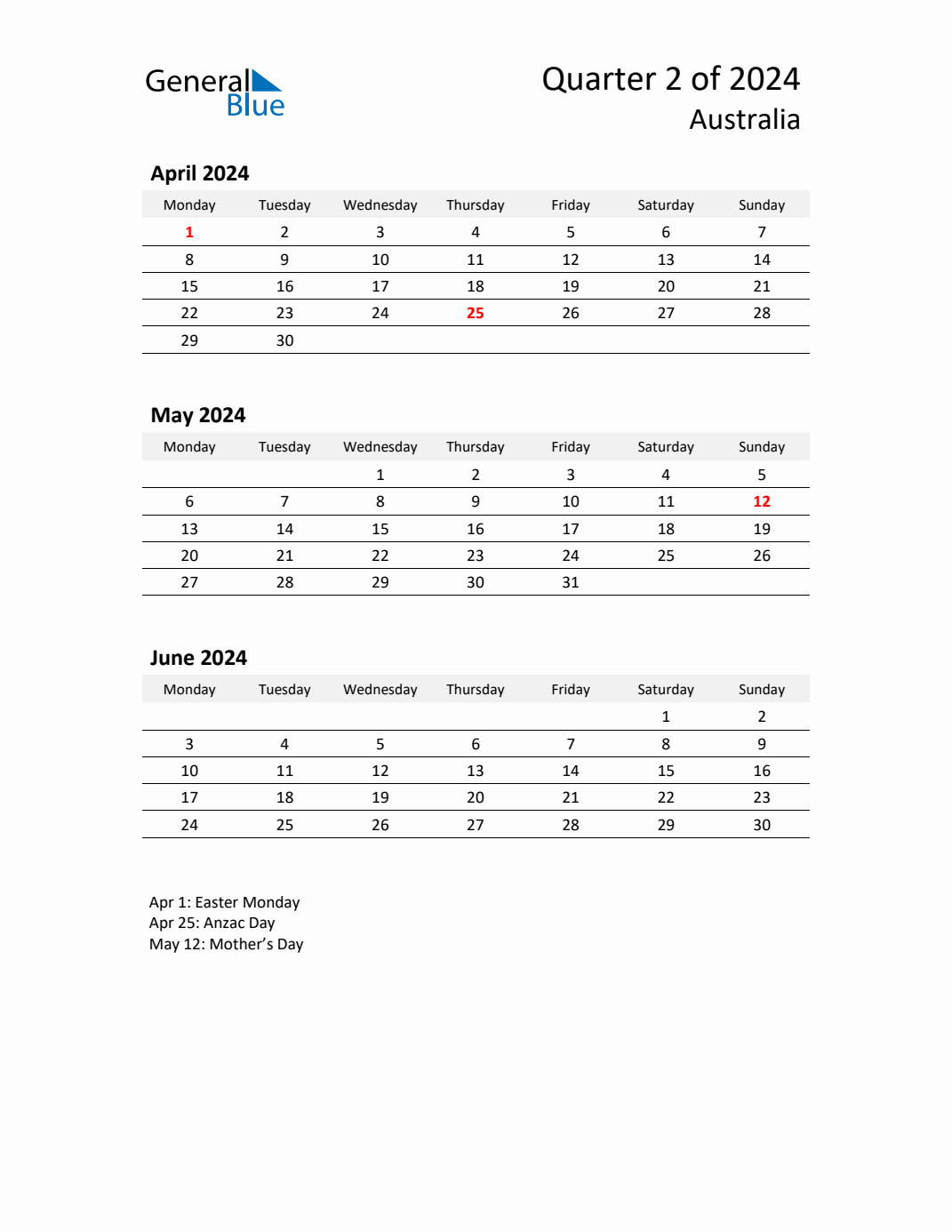 Q2 2024 Monday Start Quarterly Calendar with Australia Holidays