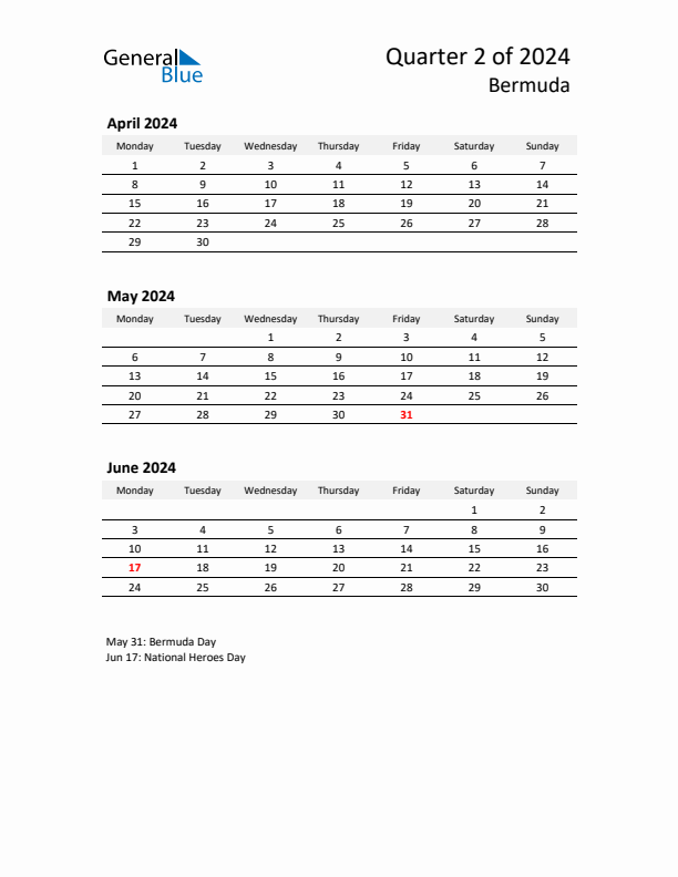 2024 Three-Month Calendar for Bermuda