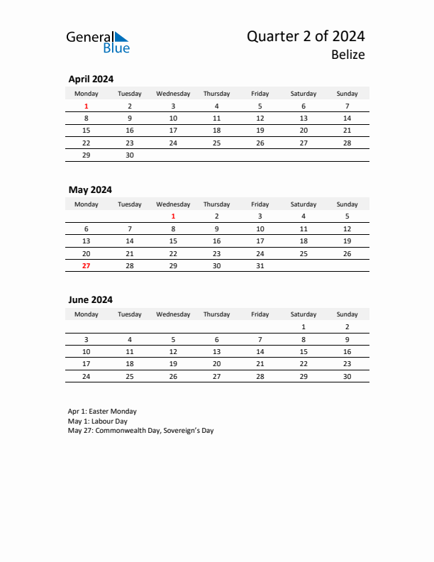 2024 Three-Month Calendar for Belize