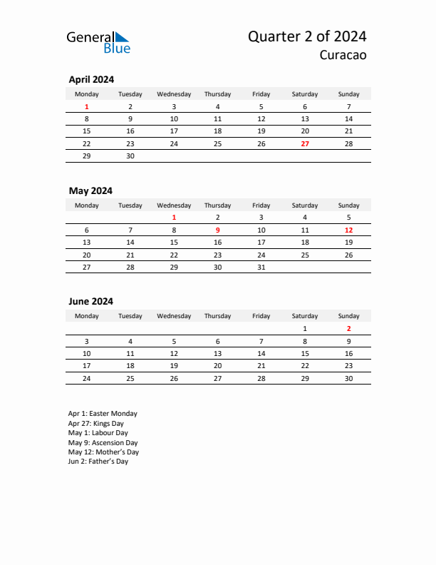 2024 Three-Month Calendar for Curacao