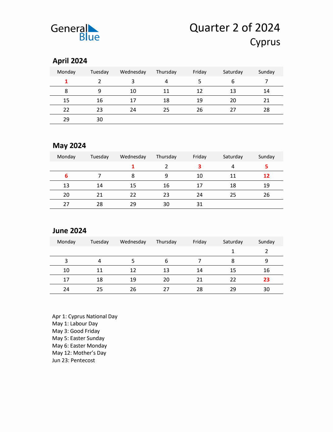 Q2 2024 Monday Start Quarterly Calendar with Cyprus Holidays